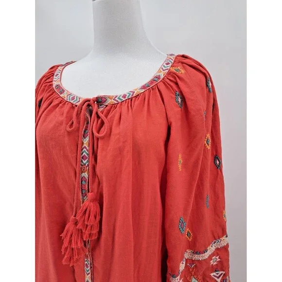 SUNDANCE Orange Geo Aztec Embroidered Boho Summer Tunic Dress Medium - Picture 2 of 8